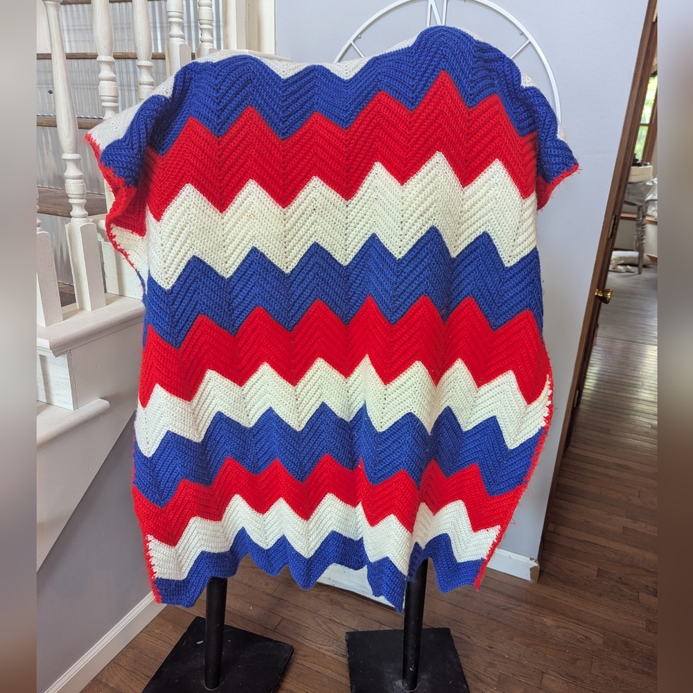 VTG Handmade Crochet Afghan‎ Blanket Patriotic Red White Blue Approx 37" x 68"